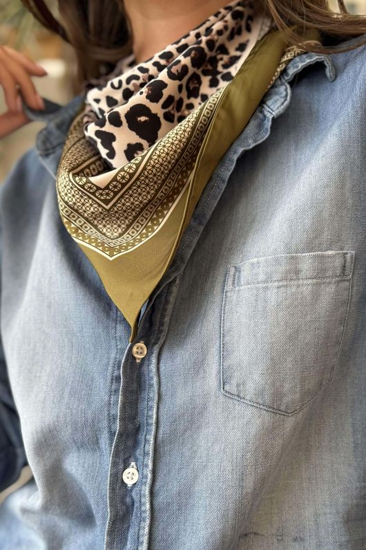 Leopard & Tile Border Triangle Silk Neckerchief Olive